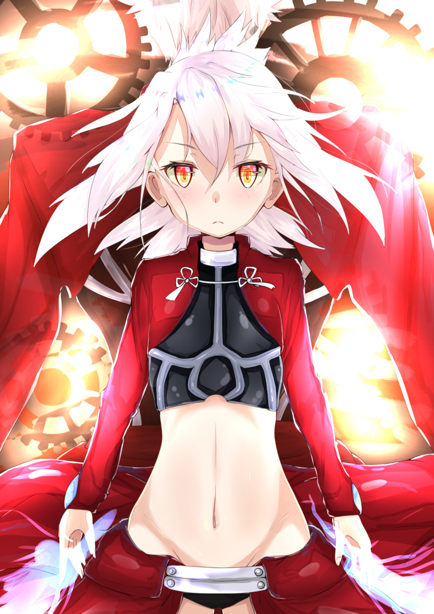 1boy 1girl archer archer_(cosplay) back-to-back black_panties cape cosplay crop_top eyebrows_visible_through_hair fate/kaleid_liner_prisma_illya fate_(series) flat_chest floating_hair frown gears groin hair_between_eyes highres illyasviel_von_einzbern long_hair looking_at_viewer midriff navel panties red_cape silver_hair stomach tapioka_(oekakitapioka) thigh_gap underwear waist_cape yellow_eyes