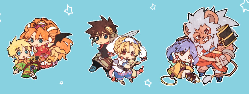 3boys 3girls animal_ears blonde_hair blue_eyes blue_hair brown_hair chibi closed_mouth commentary_request creature dress earrings elena_(grandia) facial_mark gloves grandia grandia_ii green_eyes hamagurihime highres jewelry long_hair mareg_(grandia) millenia_(grandia) multiple_boys multiple_girls roan_(grandia) ryudo_(grandia) short_hair simple_background smile spiky_hair sword tio_(grandia) weapon