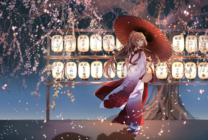 1girl absurdres brown_eyes brown_hair cherry_blossoms flower full_body geta hair_flower hair_ornament highres holding holding_umbrella japanese_clothes kantai_collection kimono kocona lantern long_hair multicolored multicolored_clothes multicolored_kimono obi oriental_umbrella paper_lantern petals pink_flower ponytail red_kimono red_umbrella sash solo standing tabi tree tree_branch umbrella very_long_hair white_kimono white_legwear wide_sleeves yamato_(kantai_collection)