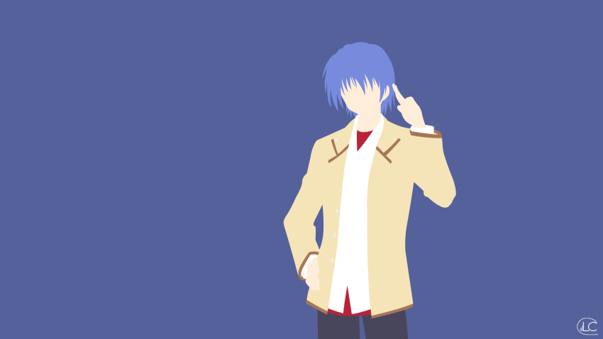 1boy angel_beats! artist_name bangs black_legwear blue_background blue_hair hand_on_hip highres hinata_(angel_beats!) jacket key_(company) long_sleeves lucifer012 minimalism no_eyes open_clothes open_jacket pants school_uniform shinda_sekai_sensen_uniform shirt short_hair signature simple_background solo standing t-shirt upper_body wallpaper watermark white_shirt