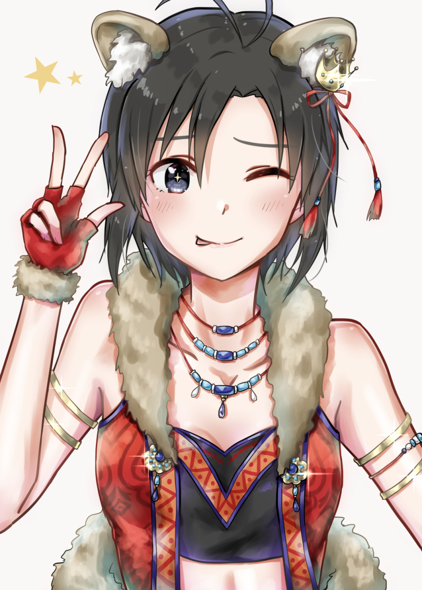 1girl ;p antenna_hair armlet black_eyes black_hair breasts cleavage collarbone crop_top fingerless_gloves fur-trimmed_gloves fur_trim gloves grey_background hair_between_eyes highres idolmaster idolmaster_(classic) jewelry kikuchi_makoto looking_at_viewer mogskg necklace one_eye_closed red_gloves short_hair small_breasts solo tongue tongue_out upper_body w
