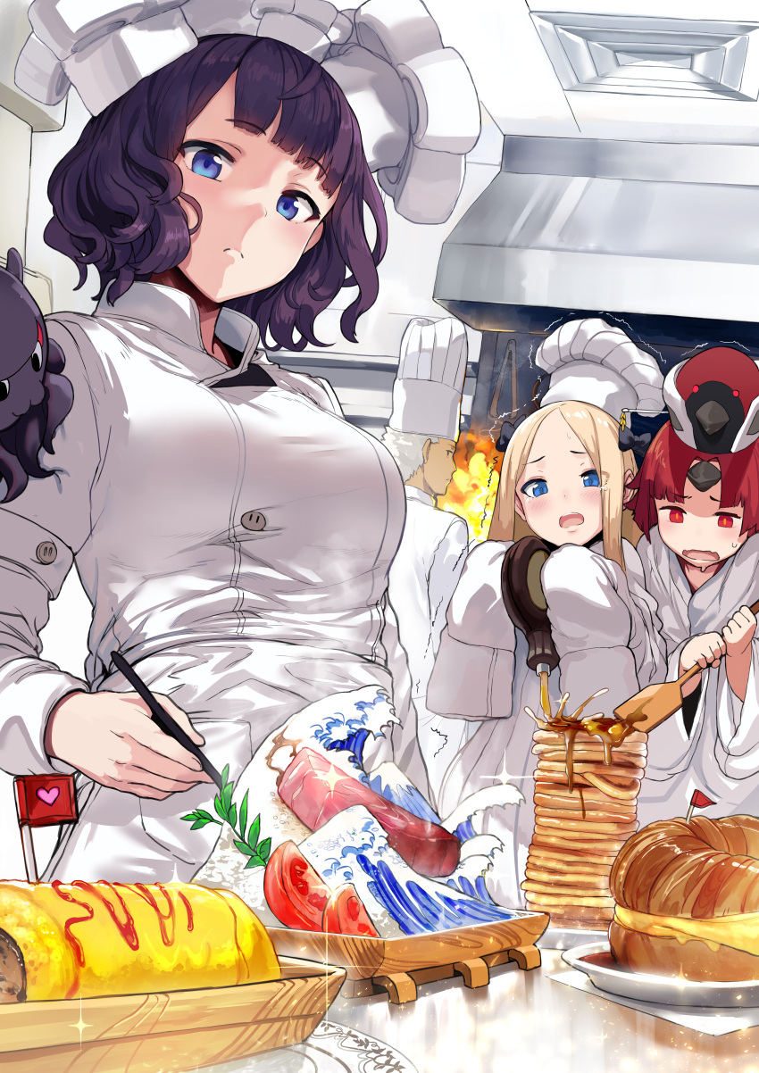 1boy 3girls abigail_williams_(fate/grand_order) absurdres archer bangs benienma_(fate/grand_order) black_bow blonde_hair blue_eyes blush bow brown_eyes chef chef_hat chef_uniform dark_skin fate/grand_order fate_(series) fine_art_parody food forehead hair_bow hat hews_hack highres huge_filesize kanagawa_okinami_ura katsushika_hokusai_(fate/grand_order) kitchen long_hair long_sleeves looking_at_viewer mini_flag multiple_girls octopus paid_reward parody parted_bangs patreon_reward purple_hair red_eyes redhead short_hair sleeves_past_fingers sleeves_past_wrists tan tokitarou_(fate/grand_order) toque_blanche trembling white_hair