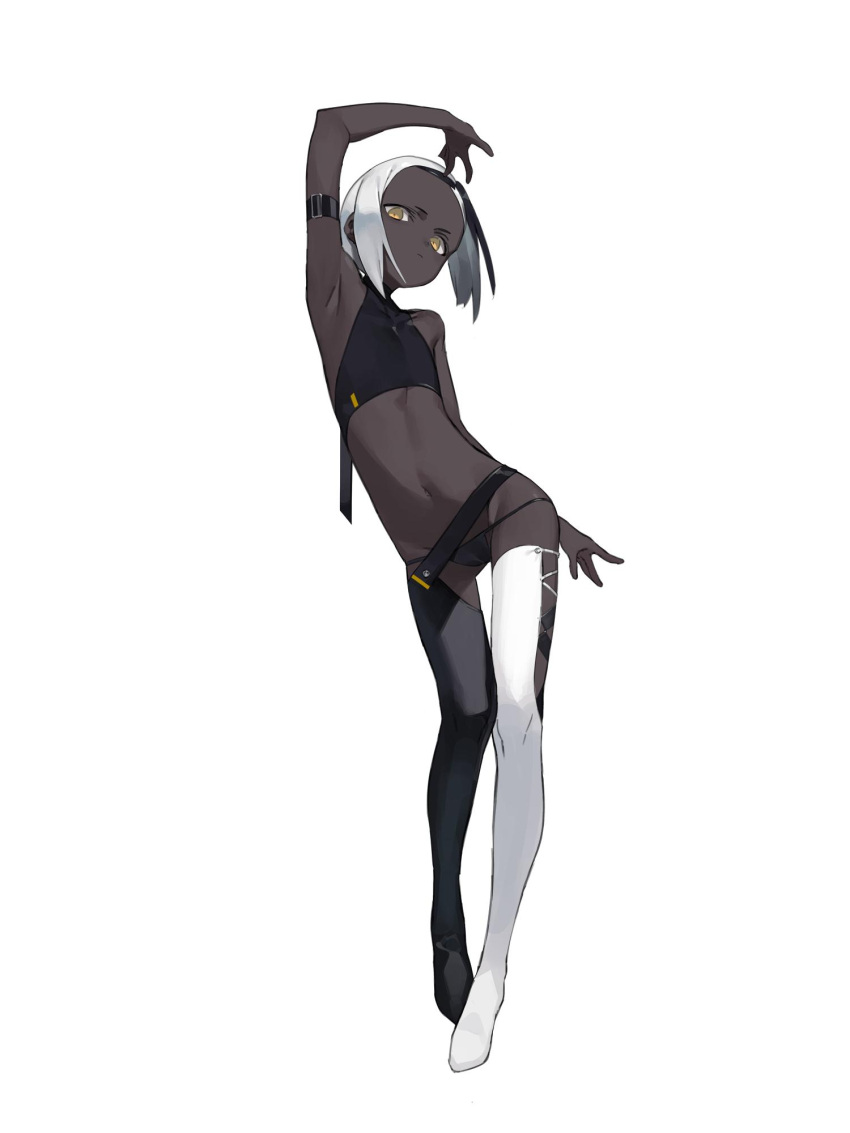 1girl amrkdrw arm_at_side arm_belt arm_up armpits asymmetrical_footwear bare_shoulders black_footwear black_hair black_panties boots dark_skin flat_chest full_body highres looking_at_viewer multicolored_hair navel no_pants original panties short_hair simple_background solo stomach thigh-highs thigh_boots underwear very_dark_skin white_background white_footwear white_hair yellow_eyes