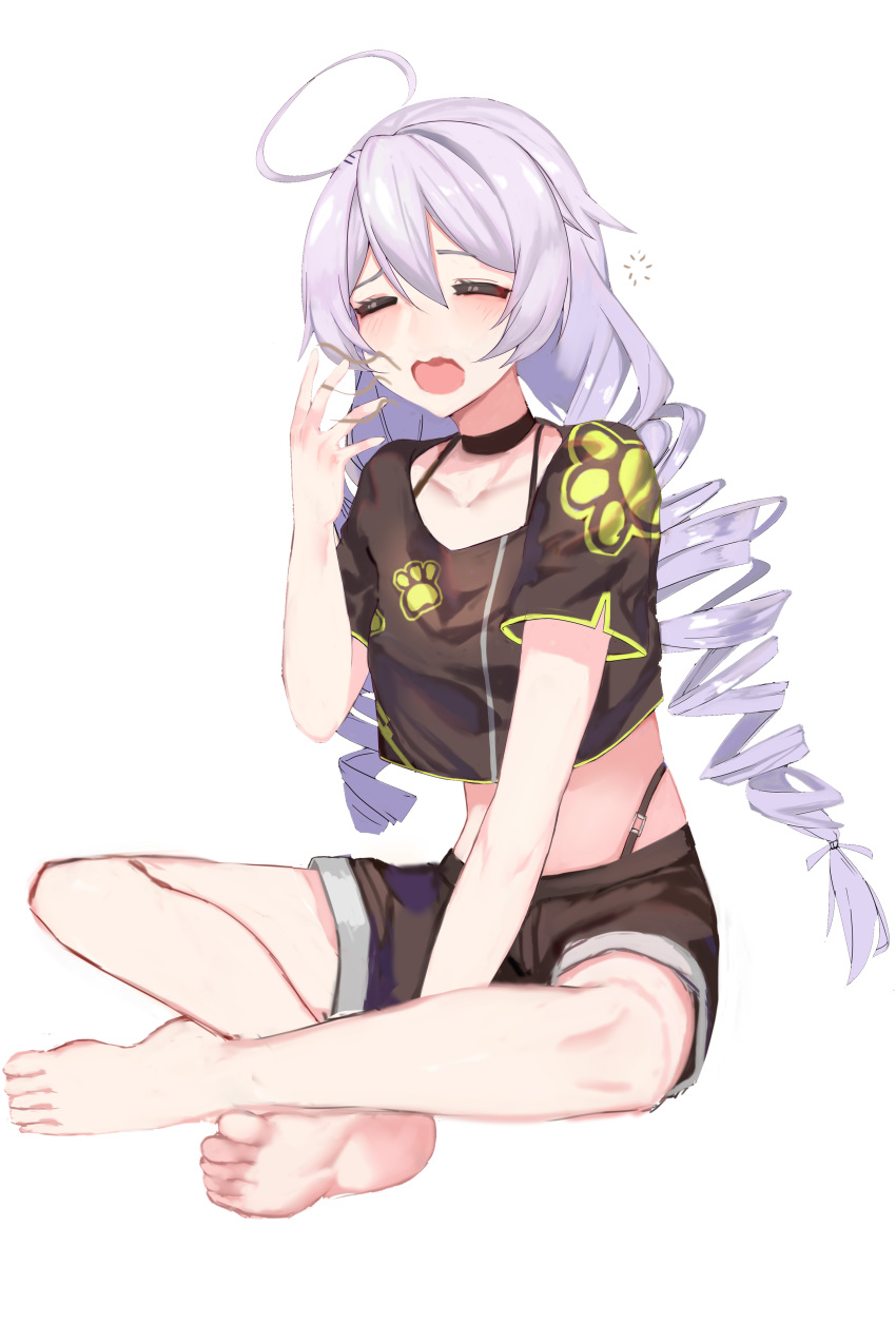 1girl absurdres ahoge bare_legs barefoot black_shirt blush closed_eyes crop_top drill_hair feet hair_between_eyes highres honkai_(series) honkai_impact_3 indian_style kiana_kaslana long_hair low-tied_long_hair lyk_wuyan midriff open_mouth paw_print shirt short_sleeves shorts silver_hair sitting sketch sleepy solo twin_drills very_long_hair white_background yawning