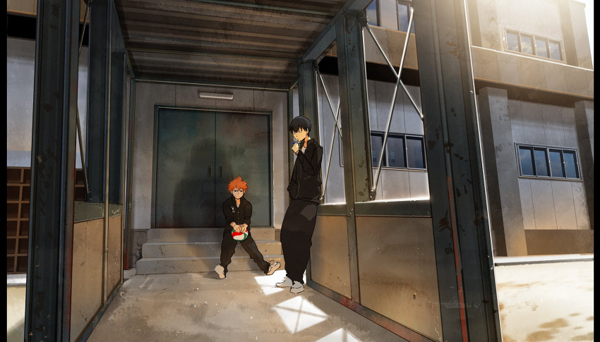 2boys ball black_hair closed_mouth day door haikyuu!! highres hinata_shouyou holding holding_ball kageyama_tobio kurono_kuro long_sleeves looking_at_another multiple_boys orange_hair outdoors scenery shoes short_hair sitting smile sneakers stairs standing volleyball window