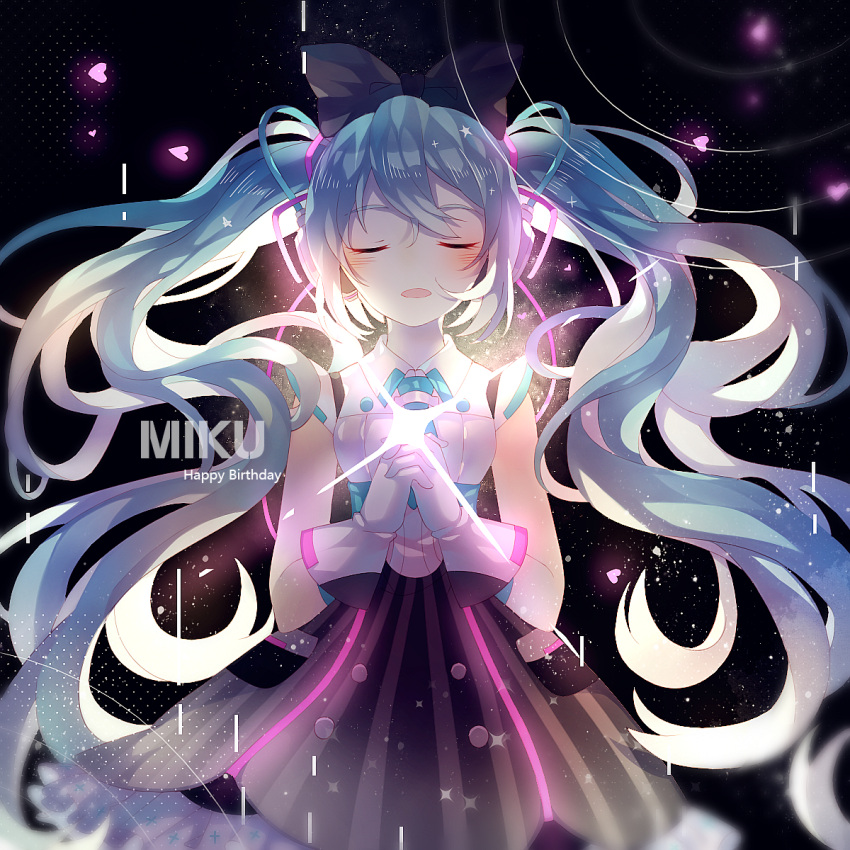 1girl backlighting black_ribbon blue_hair blue_neckwear blurry blush character_name closed_eyes commentary_request dark_background depth_of_field dress eyebrows_visible_through_hair floating_hair frilled_dress frills gloves glowing hair_ribbon hands_clasped happy_birthday hatsune_miku headset heart highres interlocked_fingers long_hair magical_mirai_(vocaloid) mixed-language_commentary necktie no_nose open_mouth own_hands_together polka_dot polka_dot_background ribbon ripples sleeveless sleeveless_dress solo sparkle sparkle_background standing twintails upper_body uri_(513321347) very_long_hair vocaloid white_gloves