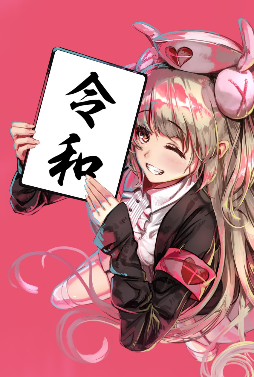 1girl armband brown_hair bunny_hair_ornament center_frills collared_shirt grin hair_ornament hat heart highres holding holding_sign long_hair long_sleeves natori_sana nigorimizu nurse_cap one_eye_closed pink_background pink_headwear red_eyes reiwa sana_channel shirt sign simple_background sleeves_past_wrists smile solo thigh-highs translated virtual_youtuber