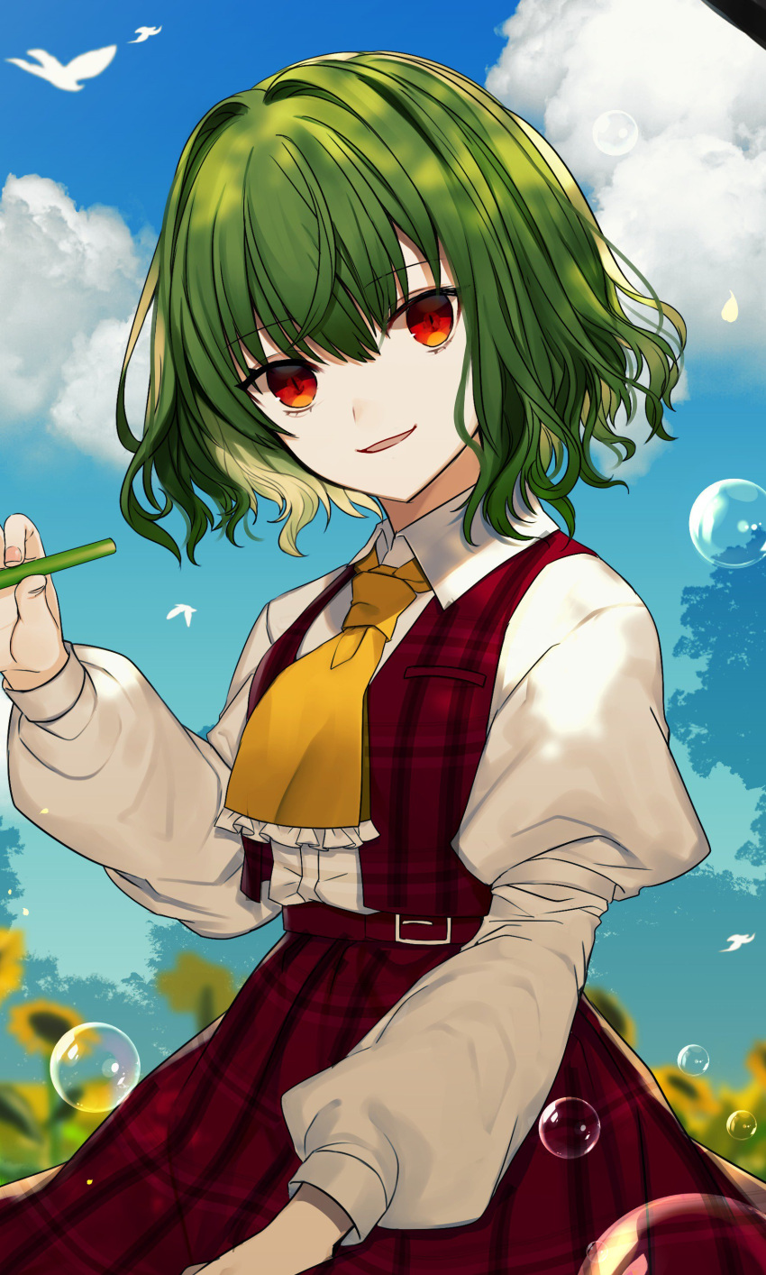 1girl absurdres ascot bangs belt bird blue_sky blurry blurry_background bubble clouds cowboy_shot daimaou_ruaeru day eyebrows_visible_through_hair field flower flower_field frilled_ascot frills green_hair hair_between_eyes hair_intakes hand_up head_tilt highres holding juliet_sleeves kazami_yuuka long_sleeves looking_at_viewer outdoors parted_lips plaid plaid_vest puffy_sleeves red_belt red_eyes red_skirt red_vest shirt short_hair skirt skirt_set sky smile solo standing sunflower touhou vest white_shirt yellow_neckwear