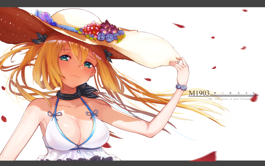 1girl adjusting_clothes adjusting_hat alternate_costume bangs blush breasts brown_hair character_name cleavage crop_top eyebrows_visible_through_hair floating_hair flower girls_frontline green_eyes hair_between_eyes hair_ribbon hair_rings hat hat_flower highres hinawii jewelry large_breasts letterboxed long_hair looking_at_viewer m1903_springfield_(girls_frontline) ribbon ring scarf sidelocks simple_background smile solo starw_hat twintails wedding_ring white_background wind
