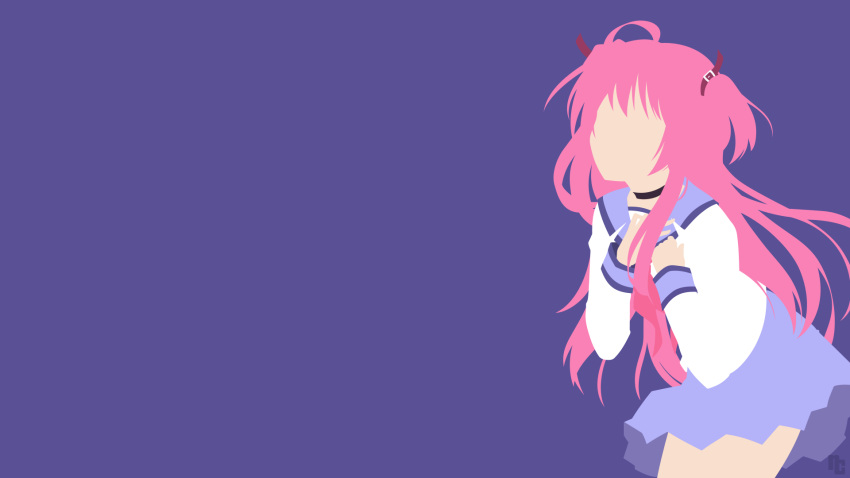 1girl angel_beats! artist_name bangs blue_background blue_skirt buckle choker commentary english_commentary fingers from_side girls_dead_monster hair_ornament hair_ribbon hands_on_own_chest highres key_(company) long_hair long_sleeves minimalism ncoll36 no_eyes pink_hair ribbon school_uniform shinda_sekai_sensen_uniform shirt simple_background skirt solo twintails two_side_up upper_body watermark white_shirt yui_(angel_beats!)