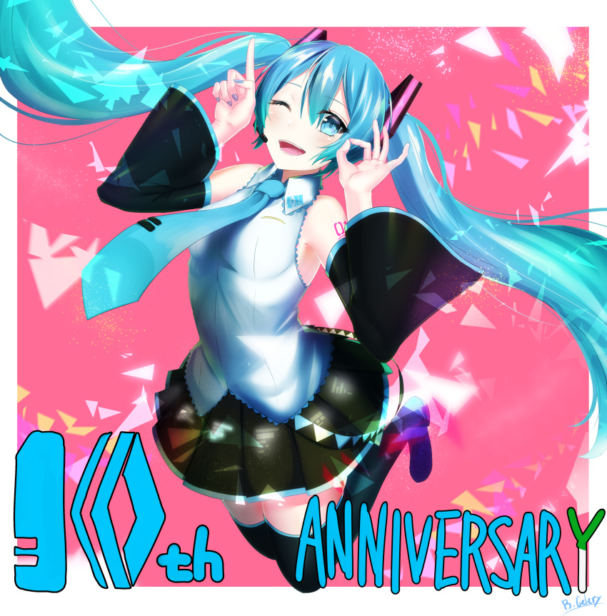1girl ;d absurdly_long_hair absurdres black_footwear black_skirt black_sleeves blue_eyes blue_hair blue_nails boots breasts celeryma detached_sleeves floating_hair hatsune_miku highres index_finger_raised jumping legs_up long_hair long_sleeves looking_at_viewer microphone miniskirt nail_polish one_eye_closed open_mouth pink_background pleated_skirt shirt skirt sleeveless sleeveless_shirt small_breasts smile solo thigh-highs thigh_boots twintails very_long_hair vocaloid white_shirt zettai_ryouiki