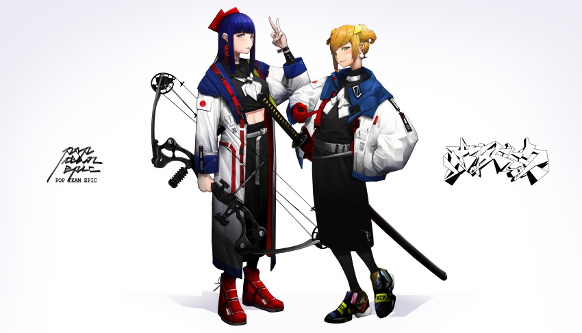 2girls absurdres adapted_costume bangs belt black_serafuku blonde_hair blue_eyes blue_hair blunt_bangs bow bow_(weapon) compound_bow ear_piercing earrings fashion gloves graffiti hair_bow hand_in_pocket highres hime_cut holding holding_bow_(weapon) holding_weapon jacket jewelry katana looking_at_viewer middle_finger midriff multiple_girls neckerchief piercing pipimi poptepipic popuko red_bow red_gloves ryoga scabbard school_uniform serafuku sheath sheathed shoes sidelocks simple_background skirt sneakers standing sword two_side_up v weapon white_background yellow_eyes