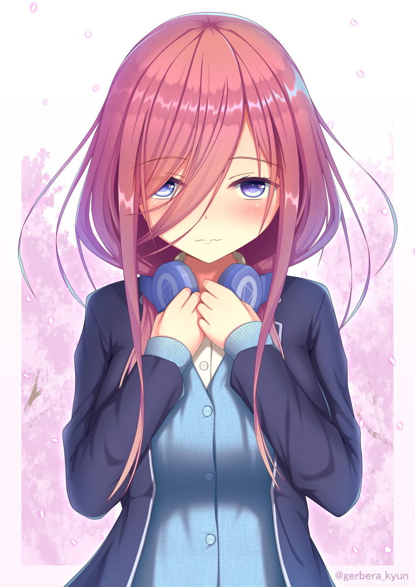 1girl absurdres blazer blue_cardigan blue_eyes blush breasts brown_hair cherry_blossoms closed_mouth collared_shirt dress_shirt eyebrows_visible_through_hair gerbera1012 go-toubun_no_hanayome hair_between_eyes headphones headphones_around_neck highres jacket large_breasts looking_at_viewer nakano_miku shirt wavy_mouth white_shirt