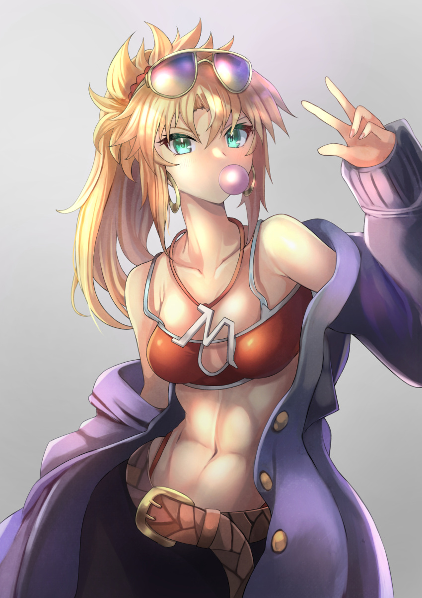 1girl bangs bare_shoulders belt blonde_hair blue_coat blush bra braid breasts bubble_blowing casual cleavage cowboy_shot earrings eyebrows_visible_through_hair eyewear_on_head fate/grand_order fate_(series) green_eyes hair_ornament highres hoop_earrings jewelry long_hair looking_at_viewer mordred_(fate) mordred_(fate)_(all) navel off_shoulder ohako_(ohako1818) ponytail scrunchie shorts solo sunglasses tinted_eyewear toned underwear w