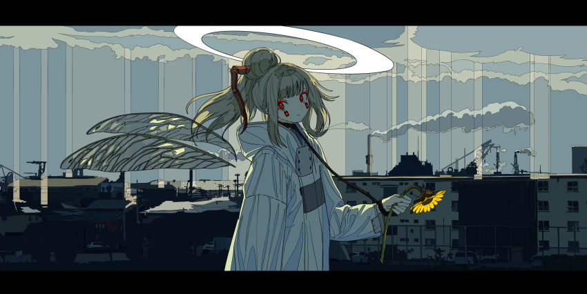 1girl absurdres blonde_hair building chimney cityscape clouds commentary_request crane flower glowing glowing_eyes hair_bun halo head_tilt high_ponytail highres holding holding_flower hood hood_down hoodie huge_filesize incredibly_absurdres insect_girl insect_wings kogecha_(coge_ch) letterboxed long_hair long_sleeves original ponytail red_eyes sidelocks smoke solo sunflower transparent_wings upper_body white_hoodie wide_sleeves window wings yellow_flower