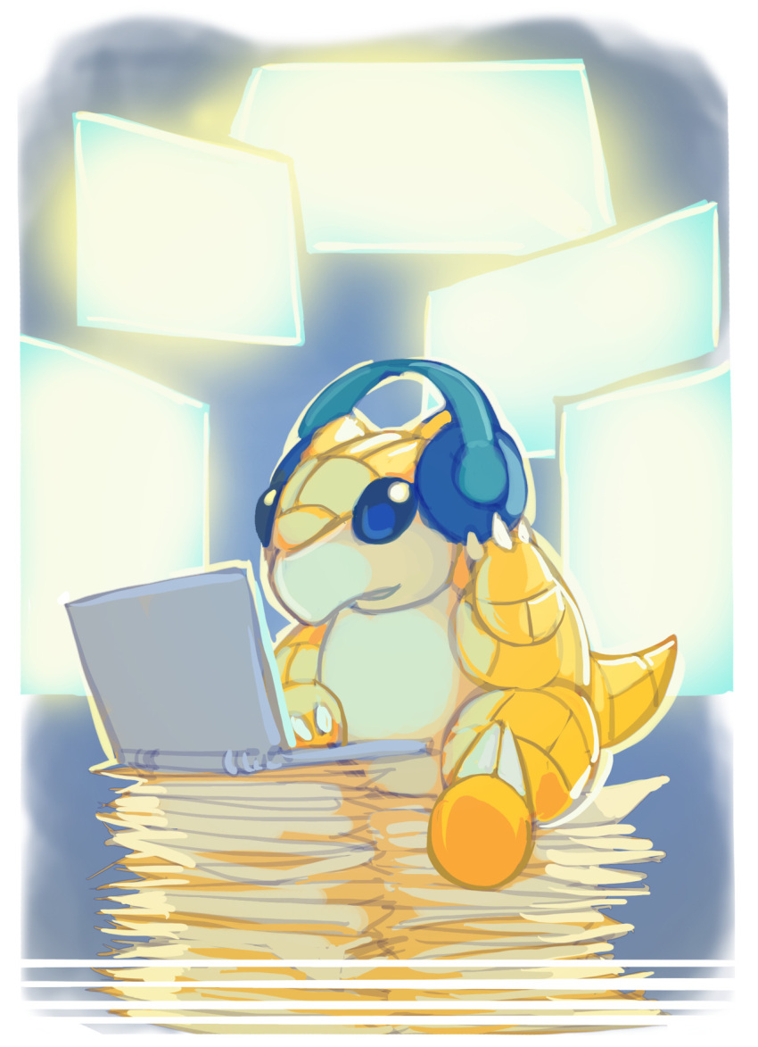 abstract_background black_eyes bummerdude claws commentary computer creature creatures_(company) english_commentary full_body game_freak gen_1_pokemon headphones highres laptop nintendo no_humans paper paper_stack pokemon pokemon_(creature) sandshrew sitting sitting_on_object solo