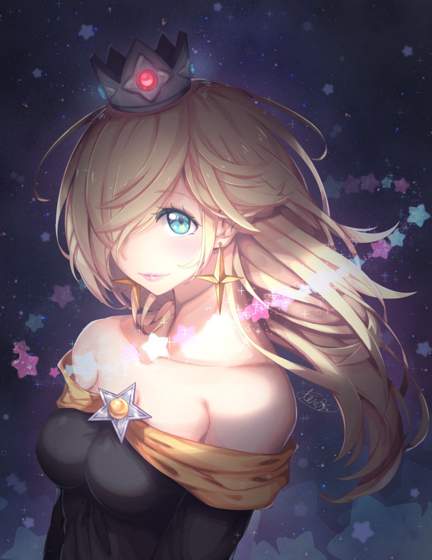 1girl bare_shoulders black_dress blonde_hair blue_eyes breasts collarbone commentary crown dress earrings eyebrows_visible_through_hair hair_over_one_eye highres jewelry long_hair looking_at_viewer super_mario_bros. medium_breasts nintendo rosalina simple_background solo star starry_background super_mario_galaxy tenmuki upper_body