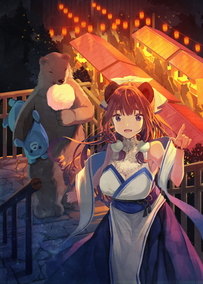 1girl animal_ears bear bear_ears blue_eyes bow breasts brown_hair cleavage cotton_candy festival hair_bow hair_ornament highres index_finger_raised kururi lace lantern licking_lips long_hair looking_at_viewer medium_breasts night official_art outdoors paper_lantern shirokuma_tensei sidelocks stairs standing stuffed_animal stuffed_toy teddy_bear thick_eyebrows tongue tongue_out very_long_hair white_bow