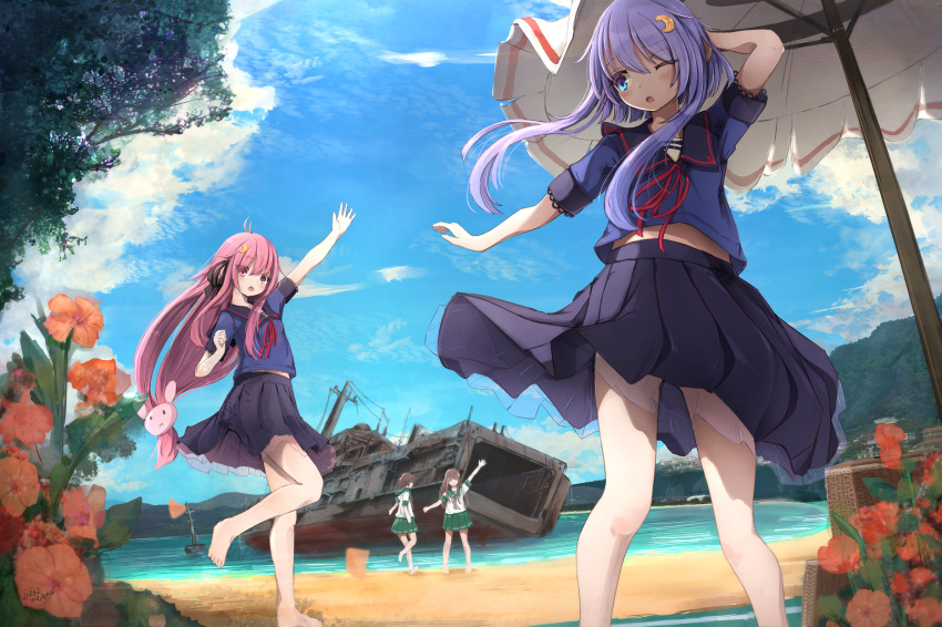 4girls ahoge barefoot beach blue_eyes brown_hair bunny_hair_ornament clouds crescent crescent_hair_ornament crescent_moon_pin day flower green_skirt hair_ornament highres kantai_collection kisaragi_(kantai_collection) long_hair low-tied_long_hair multiple_girls munehiro_(21plus) mutsuki_(kantai_collection) neckerchief ocean one_eye_closed outdoors parasol pink_eyes pink_hair pleated_skirt purple_hair school_uniform serafuku shipwreck shore short_hair short_hair_with_long_locks skirt sky umbrella uzuki_(kantai_collection) yayoi_(kantai_collection)