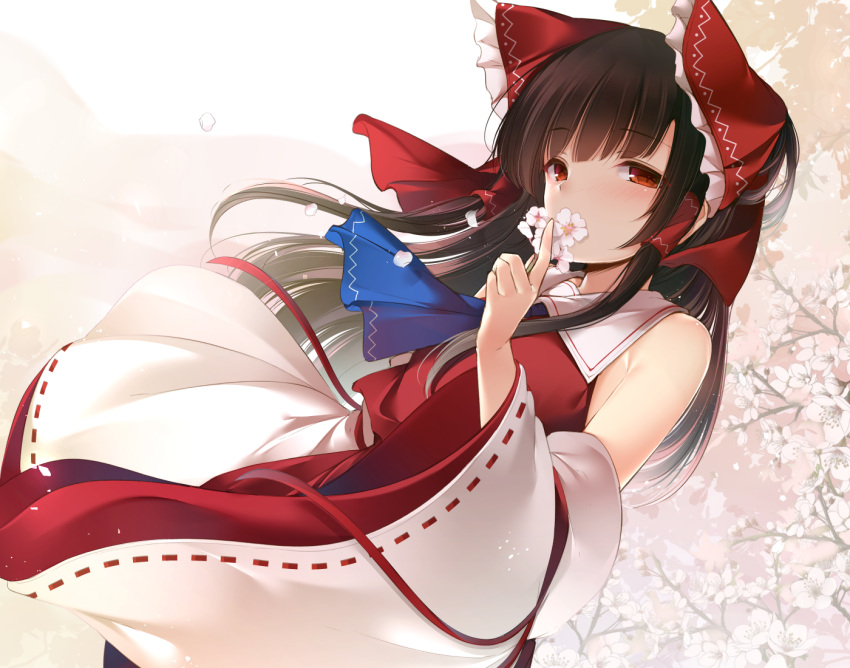 1girl ascot bangs bare_shoulders black_hair blue_neckwear blush bow cherry_blossoms collared_shirt commentary_request cowboy_shot day detached_sleeves eyebrows_visible_through_hair flower frilled_bow frilled_shirt_collar frills hair_bow hair_tubes hakurei_reimu half-closed_eyes hand_up holding holding_flower long_hair looking_at_viewer nontraditional_miko outdoors petals red_eyes red_ribbon red_shirt red_skirt ribbon shirt sidelocks skirt skirt_set sleeveless sleeveless_shirt solo tareme touhou toyosaki_shu white_flower wind