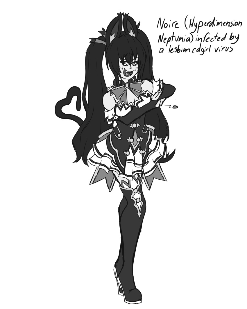 1girl @_@ absurdres animal_ears bare_shoulders black--wave breasts cat_ears cat_girl cat_tail cleavage dress fangs fangs_out frilled_dress frills hair_ornament hair_ribbon hand_gesture heart heart_tail highres long_hair medium_breasts monochrome neptune_(series) noire ribbon sketch tail thigh-highs thighs twintails very_long_hair whiskers yuri zettai_ryouiki