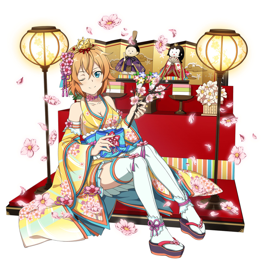 1girl ;) blonde_hair blue_eyes breasts choker cleavage collarbone detached_sleeves floral_print flower highres holding japanese_clothes kimono long_sleeves looking_at_viewer medium_breasts miniskirt official_art one_eye_closed philia_(sao) pink_flower pleated_skirt print_kimono print_sleeves short_hair skirt sleeveless sleeveless_kimono smile solo sword_art_online tabi thigh-highs transparent_background white_legwear white_skirt wide_sleeves yellow_kimono yellow_sleeves
