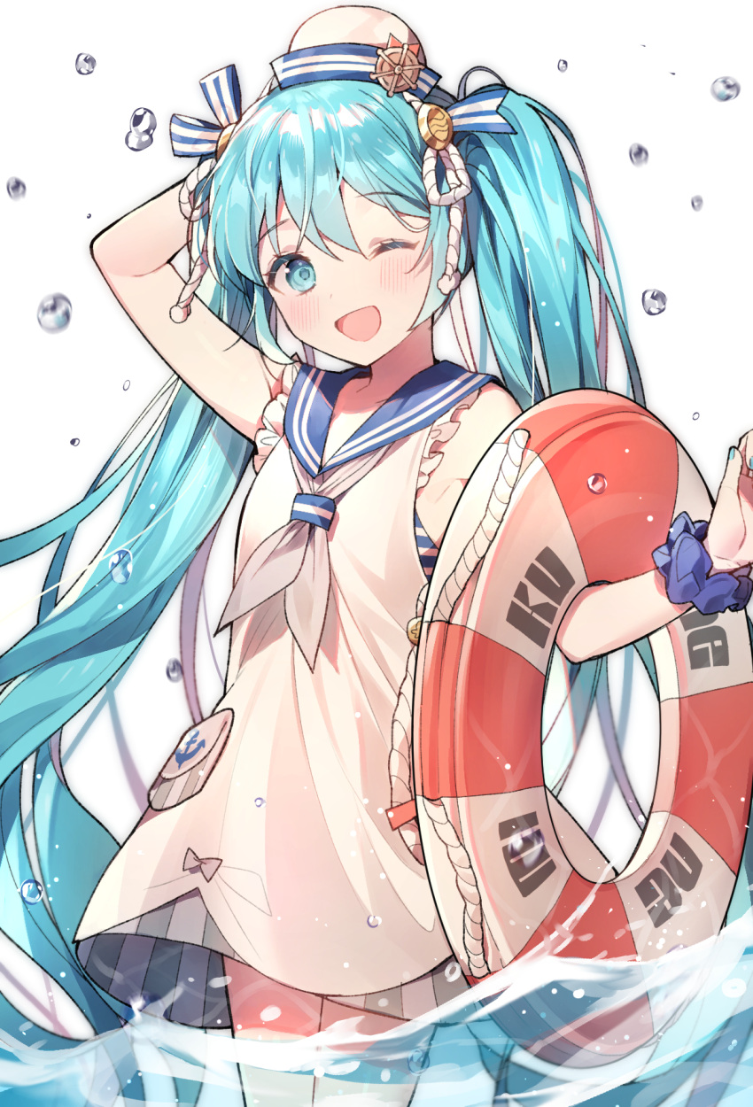 1girl :d aqua_eyes aqua_hair arm_up azit_(down) bangs blush cowboy_shot dress hat hatsune_miku highres innertube long_hair looking_at_viewer one_eye_closed open_mouth sailor_dress scrunchie smile solo twintails very_long_hair vocaloid water water_drop white_background wrist_scrunchie