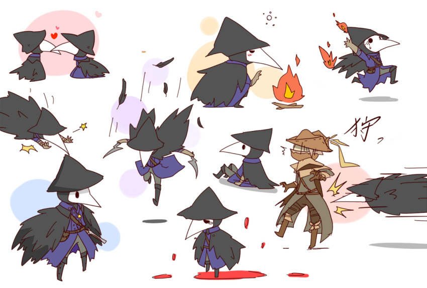 artist_request blood bloodborne burning chibi eileen_the_crow feathers fire hat heart hood hunter_(bloodborne) mask motion_lines plague_doctor_mask running sitting tagme