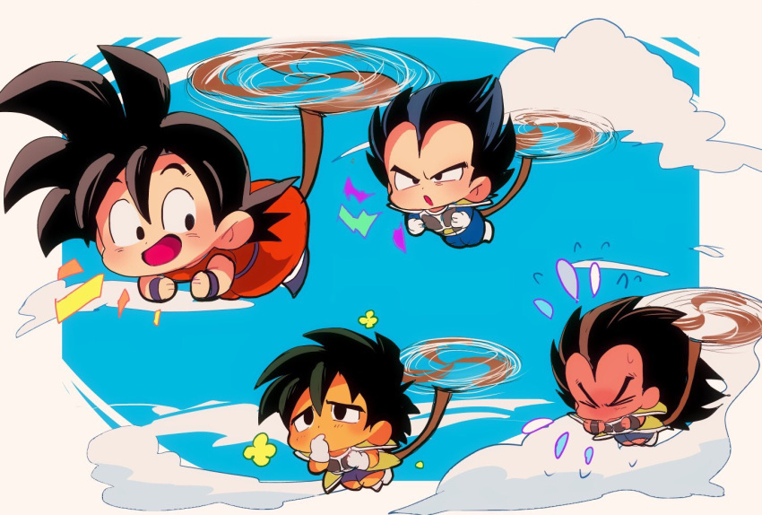 &gt;_&lt; +++ 4boys :d :o armor black_eyes black_hair blue_sky broly_(dragon_ball_super) brothers chibi clenched_hands clouds cloudy_sky dark_skin dark_skinned_male day dragon_ball dragon_ball_(classic) dragon_ball_super_broly finger_to_mouth flower flying flying_sweatdrops frown gloves happy looking_back looking_up monkey_tail motunabe707070 multiple_boys open_mouth raditz siblings sky smile son_gokuu spiky_hair sweatdrop tail vegeta white_gloves wristband younger