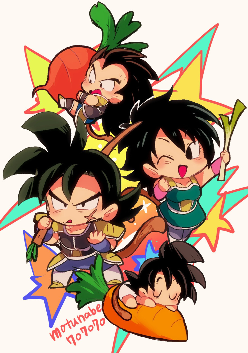 1girl 3boys ;d armor baby bardock beige_background black_eyes black_hair brothers burdock_root carrot carrying chibi closed_eyes d: diaper dragon_ball dragon_ball_super_broly family father_and_son food frown gine happy highres holding looking_at_viewer mother_and_son motunabe707070 multiple_boys nervous one_eye_closed open_mouth radish raditz scar serious siblings simple_background sleeping smile son_gokuu spiky_hair spring_onion star sweatdrop twitter_username vegetable wavy_mouth wristband