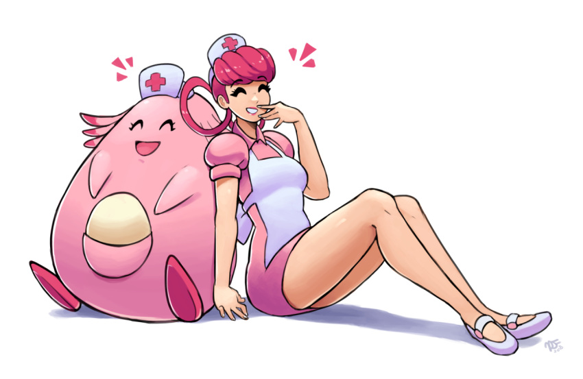 1girl apron bare_legs breasts chansey closed_eyes creatures_(company) dress eyebrows_visible_through_hair full_body game_freak gen_1_pokemon hat joy_(pokemon) knees_up long_hair nail_polish nintendo nurse nurse_cap open_mouth parted_lips pink_dress pink_hair pokemon pokemon_(anime) pokemon_(creature) puffy_short_sleeves puffy_sleeves ravenousruss short_dress short_sleeves simple_background sitting smile white_background white_footwear white_nails