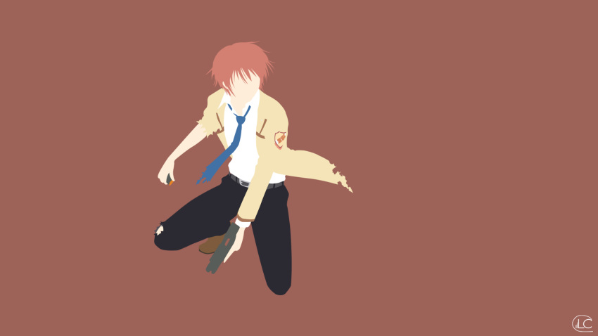 1boy angel_beats! artist_name bangs belt belt_buckle black_legwear blue_neckwear brown_background brown_footwear buckle from_above full_body gun handgun highres holding holding_gun holding_weapon jacket key_(company) long_sleeves looking_to_the_side lucifer012 minimalism necktie no_eyes orange_hair otonashi_(angel_beats!) pants pistol school_uniform shinda_sekai_sensen_uniform shirt shoes short_hair signature simple_background solo squatting torn_clothes torn_jacket torn_legwear torn_necktie torn_pants trigger_discipline wallpaper watermark weapon white_shirt wing_collar