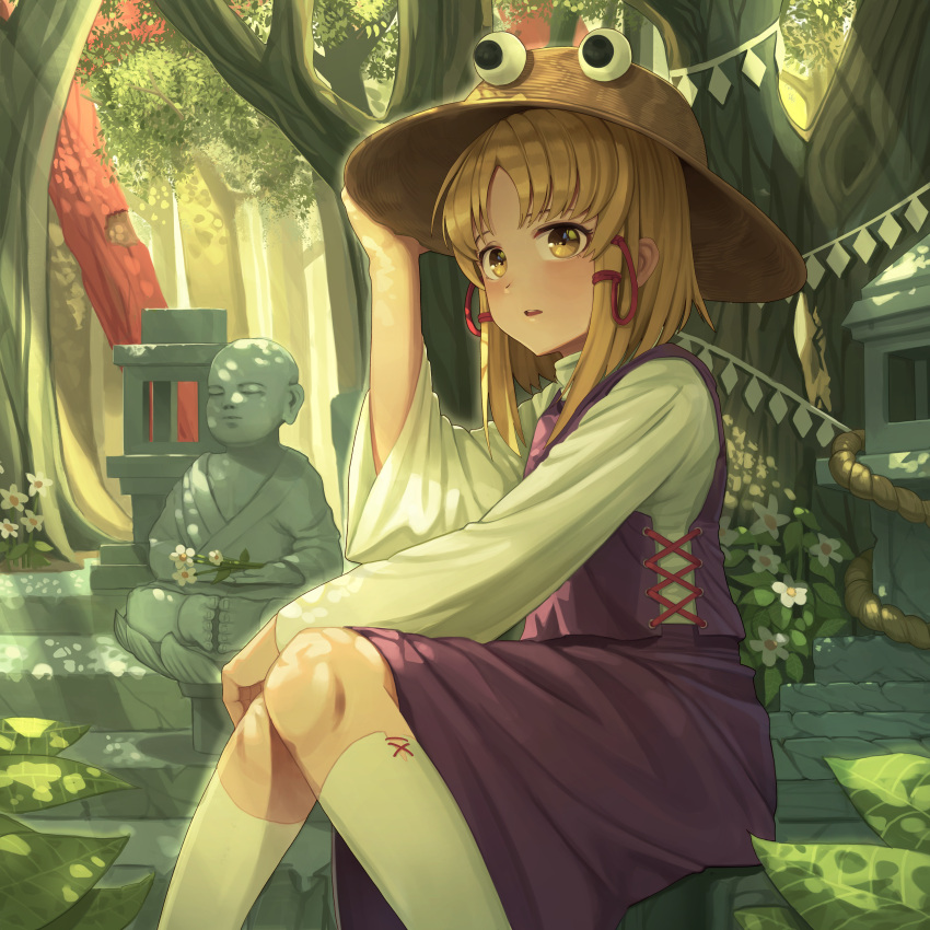 1girl absurdres bangs blonde_hair blush brown_headwear commentary_request dappled_sunlight day feet_out_of_frame flower forest goback hair_ornament hand_on_headwear highres huge_filesize kneehighs leaf long_hair long_sleeves looking_afar looking_away moriya_suwako nature outdoors parted_bangs parted_lips purple_skirt purple_vest rope shirt sidelocks sitting skirt solo stairs statue stone_lantern sunlight torii touhou tree vest white_flower white_legwear white_shirt yellow_eyes