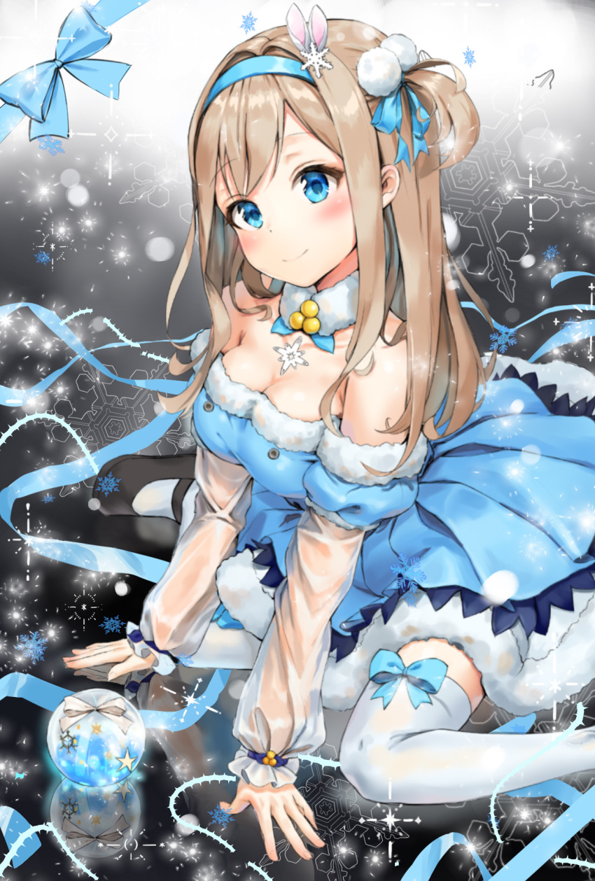1girl bangs bare_shoulders blue_bow blue_dress blue_eyes blue_hairband blush bow breasts cleavage closed_mouth collarbone commentary detached_sleeves dress eyebrows_visible_through_hair fur-trimmed_dress fur_trim girls_frontline hair_ornament hairband highres kian long_hair long_sleeves looking_at_viewer medium_breasts sidelocks snowflake_hair_ornament solo suomi_kp31_(girls_frontline) thigh-highs white_legwear
