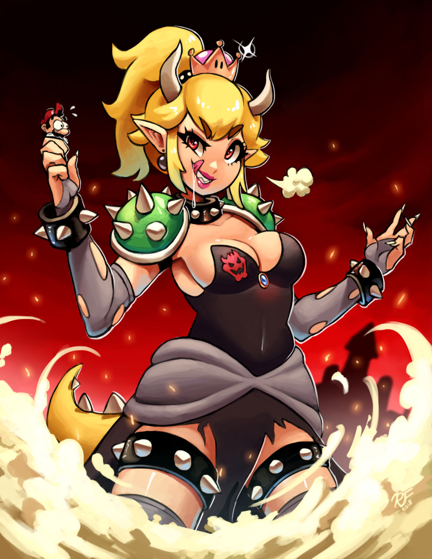 1boy 1girl bangs black_dress black_earrings blonde_hair bowsette bracelet breasts bridal_gauntlets cleavage collar dated dress earrings eyebrows_visible_through_hair facial_hair giantess highres holding horns jewelry licking_lips long_hair mario super_mario_bros. mustache nail_polish new_super_mario_bros._u_deluxe nintendo parted_lips pointy_ears ponytail ravenousruss red_eyes red_headwear saliva sharp_teeth shoulder_pads smile smoke sparkle spiked_bracelet spiked_collar spiked_tail spiked_thighlet spikes strapless strapless_dress super_crown tail teeth thighlet tongue tongue_out white_nails