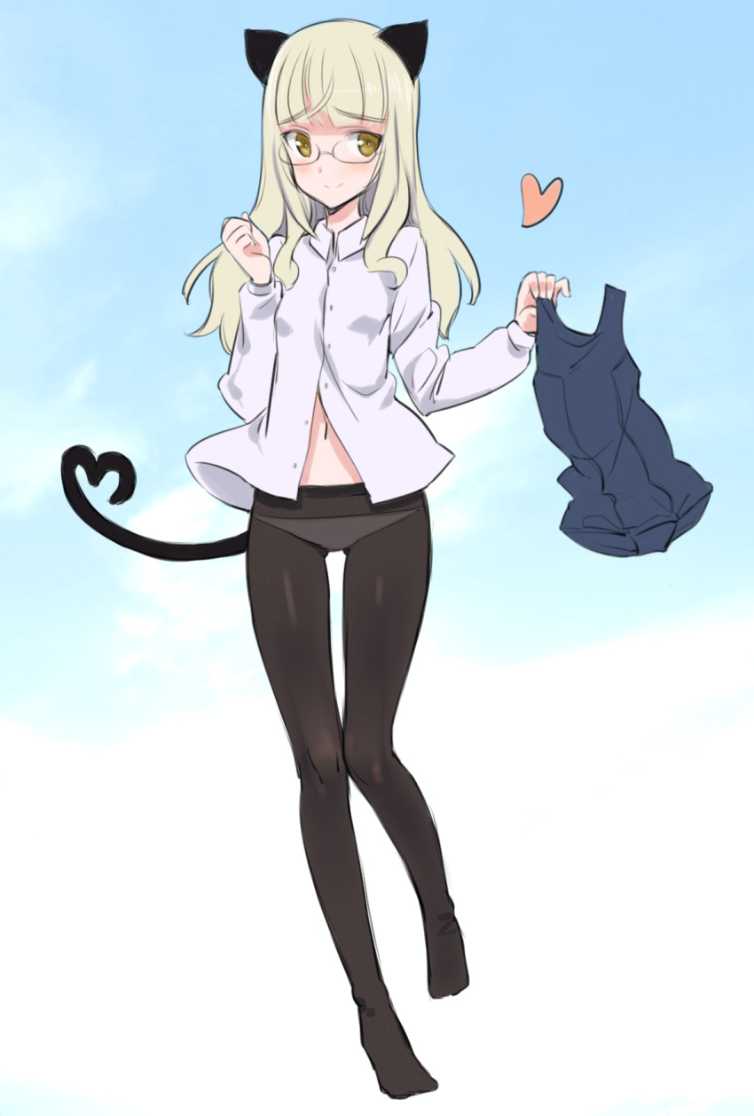 1girl animal_ears aohashi_ame bangs black_legwear blonde_hair blue_background blue_swimsuit blush cat_ears cat_tail clenched_hand closed_mouth commentary_request dress_shirt eyebrows_visible_through_hair full_body glasses gluteal_fold heart heart_tail highres holding holding_swimsuit legs long_hair long_sleeves looking_at_viewer lowleg lowleg_panties navel no_pants old_school_swimsuit panties panties_under_pantyhose pantyhose perrine_h_clostermann rimless_eyewear school_swimsuit shirt smile solo standing standing_on_one_leg strike_witches swimsuit tail thigh_gap unbuttoned unbuttoned_shirt underwear white_shirt world_witches_series yellow_eyes