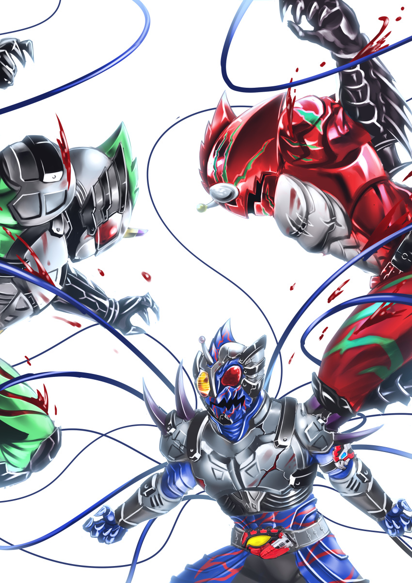 3boys absurdres arm_blade armor battle belt blood blue_skin bodysuit claws commentary compound_eyes fighting fins full_armor gauntlets gloves glowing green_skin helmet highres horn horns kamen_rider kamen_rider_amazon_alpha kamen_rider_amazon_neo kamen_rider_amazon_omega kamen_rider_amazons male_focus monster multiple_boys no_humans open_mouth red_eyes red_skin rider_belt scar sharp_teeth spikes sugaaru_(kusyunkun) teeth tentacle weapon white_eyes yellow_eyes