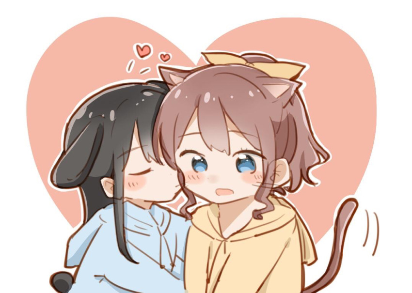 2girls animal_ears bang_dream! bangs black_hair blue_eyes blue_hoodie blush brown_hair cat_ears cat_tail cheek_kiss closed_eyes dog_ears dog_tail extra_ears hair_ribbon hamu_(hamusand) hanazono_tae heart heart_background hood hood_down kemonomimi_mode kiss long_hair multiple_girls open_mouth outline ponytail ribbon sidelocks tail upper_body whiskers white_outline yamabuki_saaya yellow_hoodie yellow_ribbon yuri