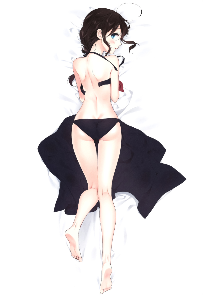 1girl absurdres ass bare_shoulders barefoot bed_sheet black_bra black_panties blue_eyes blush bra brown_hair full_body highres kantai_collection long_hair looking_at_viewer looking_back lying naoto_(tulip) on_stomach panties parted_lips scan shigure_(kantai_collection) shiny shiny_hair solo thighs toes underwear