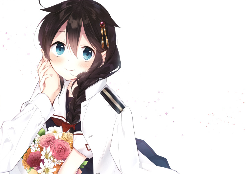 1boy 1girl absurdres blue_eyes blush bow braid brown_hair closed_mouth flower hair_bow hair_flaps hair_ornament hair_over_shoulder highres huge_filesize jacket_on_shoulders kantai_collection long_hair long_sleeves military military_uniform naoto_(tulip) naval_uniform out_of_frame pink_flower pink_rose red_bow red_flower red_rose rose scan school_uniform shigure_(kantai_collection) short_sleeves simple_background single_braid uniform white_background white_flower yellow_flower