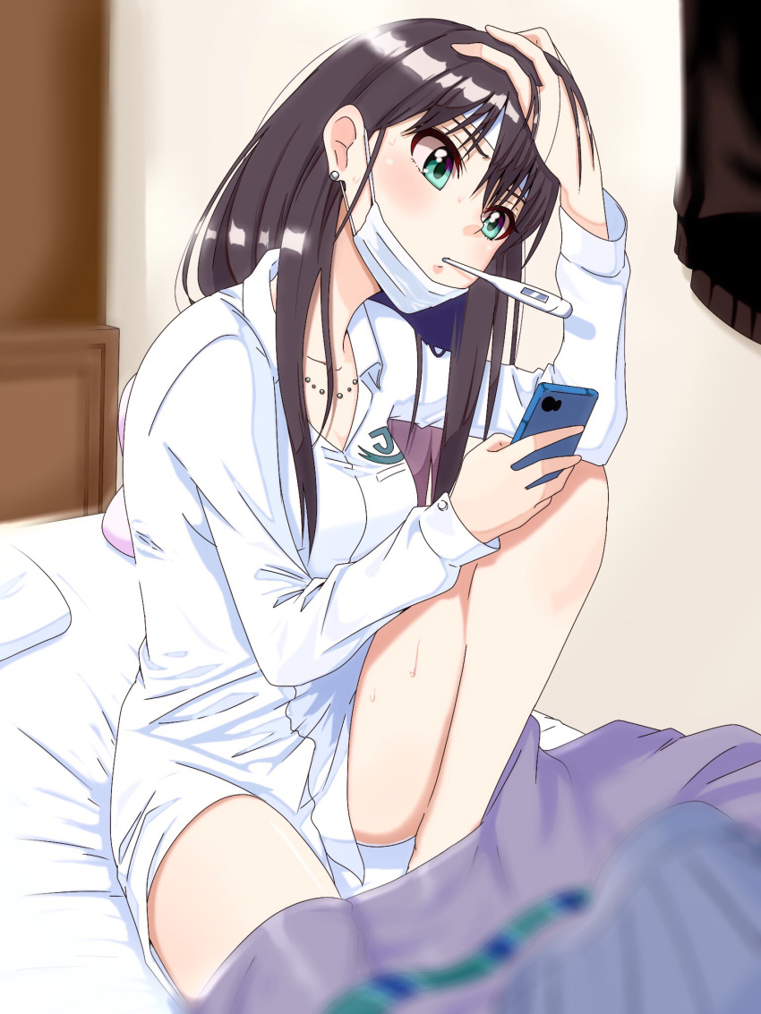 1girl bed_sheet bedroom black_hair black_sweater blurry blurry_background blurry_foreground breasts cellphone cleavage collarbone collared_shirt dress_shirt green_eyes hand_on_head head_tilt highres holding holding_phone idolmaster idolmaster_cinderella_girls jewelry long_hair long_sleeves mask medium_breasts mouth_hold naked_shirt necklace phone shibuya_rin shiki_(0802makimari) shirt sitting smartphone solo sweatdrop sweater sweater_removed thermometer under_covers white_shirt wing_collar