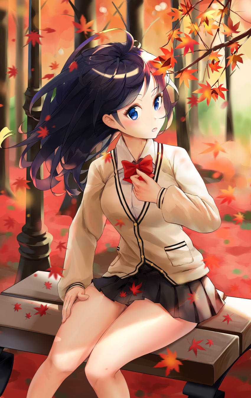 1girl absurdres bangs bare_legs bench black_hair black_skirt blue_eyes blush bow bowtie breasts cardigan commentary_request eyebrows_visible_through_hair feet_out_of_frame highres huge_breasts kian large_breasts long_hair long_sleeves looking_at_viewer outdoors pleated_skirt red_bow red_neckwear school_uniform shirt sitting skirt solo spring_(season) ssss.gridman takarada_rikka tree white_shirt