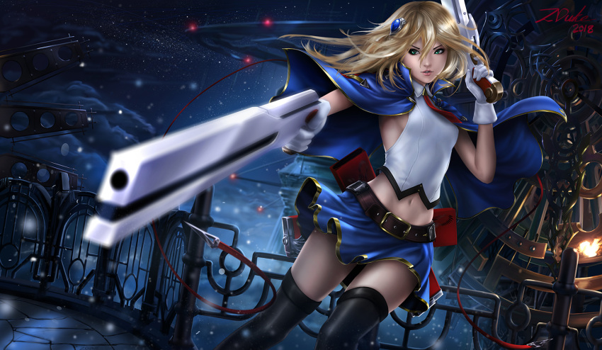 1girl blazblue blazblue:_central_fiction blazblue:_chronophantasma blazblue:_cross_tag_battle blonde_hair capelet gloves green_eyes gun hair_ornament holding holding_gun holding_weapon jacket long_hair looking_at_viewer noel_vermillion skirt thigh-highs weapon