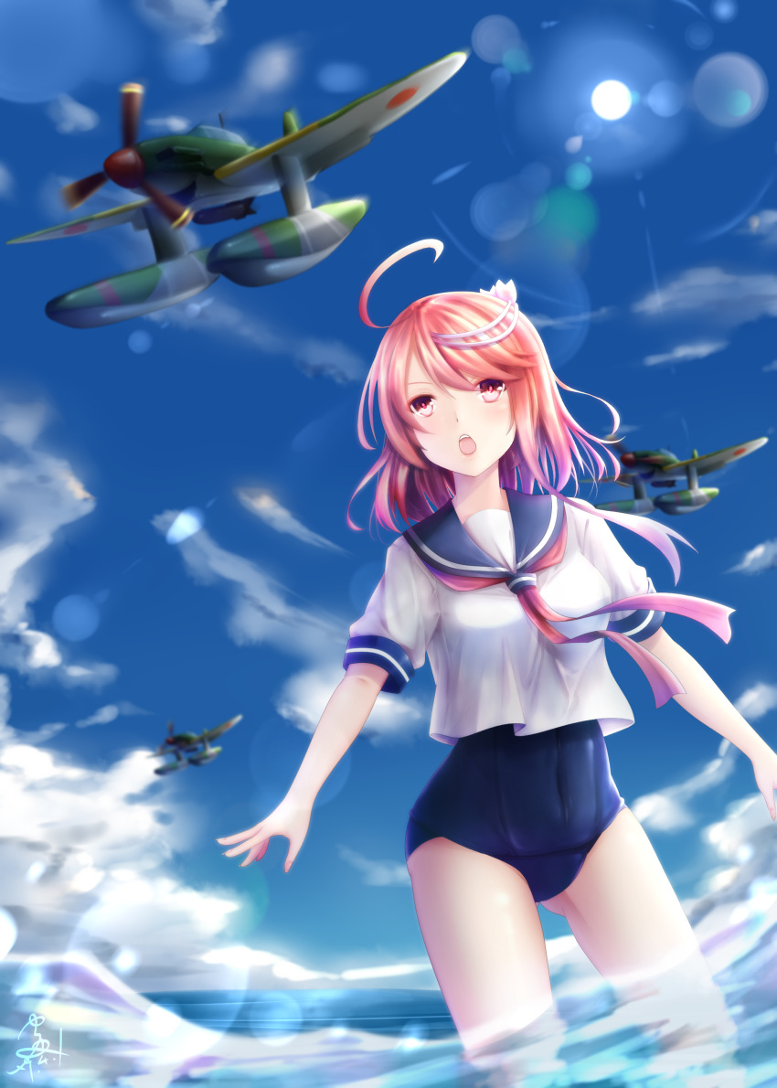 1girl absurdres ahoge aircraft airplane ass_visible_through_thighs bangs blue_sailor_collar blue_sky blue_swimsuit blurry blurry_background breasts clouds cloudy_sky eyeshadow fingernails groin hair_ornament highres i-58_(kantai_collection) kantai_collection lens_flare lipgloss long_fingernails m6a_seiran makeup medium_breasts nail_polish necktie new_school_swimsuit one-piece_swimsuit open_mouth pink_eyes pink_hair pink_nails red_neckwear round_teeth sailor_collar school_swimsuit seiya_(iiseven) shirt short_hair short_hair_with_long_locks short_sleeves sidelocks signature sky sun swimsuit swimsuit_under_clothes teeth thighs wading water white_shirt