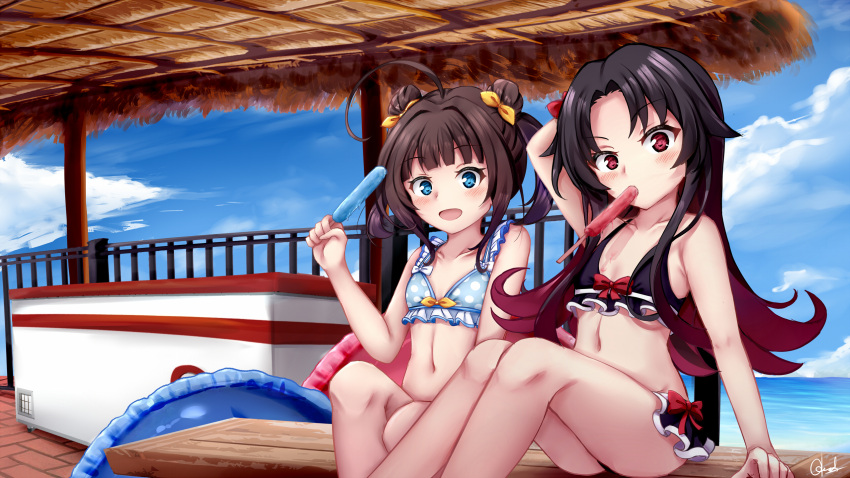 2girls :d arm_up bangs bare_arms bare_shoulders bench bikini black_bikini black_hair blue_bikini blue_sky blush bow chrisandita clouds collarbone day double_bun eyebrows_visible_through_hair food food_in_mouth gradient_hair hair_bow hair_ribbon hand_behind_head highres hinatsuru_ai holding holding_food horizon innertube knees_up letterboxed long_hair mouth_hold multicolored_hair multiple_girls navel ocean on_bench open_mouth outdoors parted_bangs polka_dot polka_dot_bikini popsicle railing red_bow red_eyes redhead ribbon ryuuou_no_oshigoto! signature sitting sky smile swimsuit twintails v-shaped_eyebrows very_long_hair water yashajin_ai yellow_ribbon