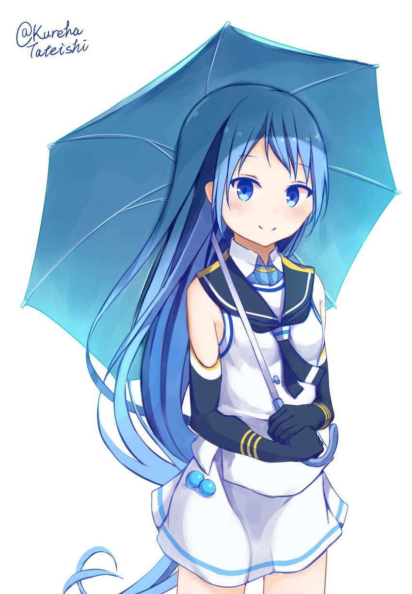 1girl absurdres bangs bare_shoulders black_gloves black_neckwear black_sailor_collar blue_eyes blue_hair blue_umbrella blush breasts closed_mouth commentary_request cowboy_shot elbow_gloves eyebrows_visible_through_hair gloves hamayuu_(litore) head_tilt highres holding holding_umbrella kantai_collection long_hair sailor_collar samidare_(kantai_collection) school_uniform serafuku shirt simple_background skirt sleeveless sleeveless_shirt small_breasts smile solo twitter_username umbrella very_long_hair white_background white_shirt white_skirt