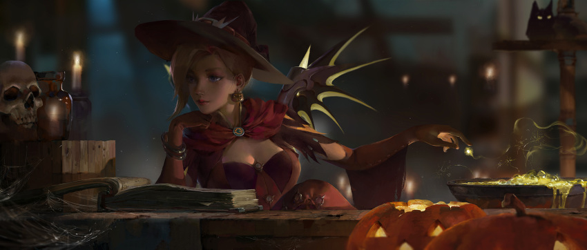 1girl blonde_hair blue_eyes blurry blurry_background bodice book brown_gloves candle candlelight cape cat cauldron chin_rest chinese_commentary commentary_request earrings elbow_gloves gloves hat highres jack-o'-lantern jewelry legs_crossed mechanical_wings mercy_(overwatch) overwatch silk sitting skull solo spider_web table vnug7855 wings witch witch_hat witch_mercy