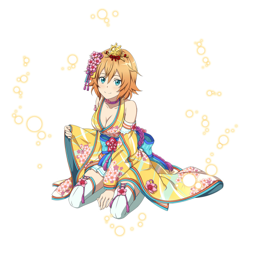 1girl between_legs blonde_hair blue_eyes breasts choker cleavage collarbone detached_sleeves floral_print flower full_body hair_between_eyes hair_flower hair_ornament hand_between_legs highres japanese_clothes kimono kneeling long_sleeves looking_at_viewer medium_breasts miniskirt obi official_art philia_(sao) pink_flower pleated_skirt print_kimono print_sleeves sash shiny shiny_hair short_hair skirt sleeveless sleeveless_kimono smile solo sword_art_online thigh-highs transparent_background white_legwear white_skirt wide_sleeves yellow_kimono zettai_ryouiki