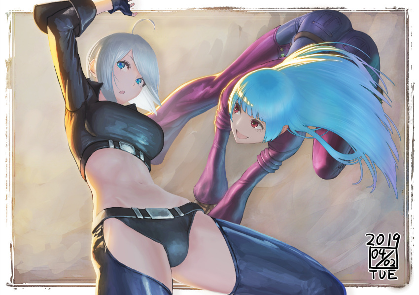 2girls abs absurdres ahoge angel_(kof) belt black_panties blue_eyes blue_hair bodysuit boots bra breasts chaps cleavage cowboy_boots cropped_jacket fingerless_gloves gloves hair_over_one_eye highres ice ikeda_(cpt) jacket kula_diamond leather long_hair medium_breasts midriff multiple_girls panties red_eyes silver_hair snk strapless strapless_bra the_king_of_fighters the_king_of_fighters_2000 the_king_of_fighters_2001 the_king_of_fighters_xiv toned underwear white_hair zipper