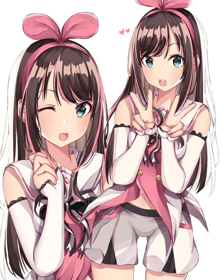 1girl ;d a.i._channel absurdres bangs bare_shoulders blue_eyes blush brown_hair commentary_request detached_sleeves double_v eyebrows_visible_through_hair hair_between_eyes hair_ribbon hairband hands_up heart highres kizuna_ai long_hair long_sleeves multicolored_hair multiple_views navel norazura one_eye_closed open_mouth pink_hair pink_hairband pink_ribbon ribbon sailor_collar shirt short_shorts shorts simple_background sleeveless sleeveless_shirt sleeves_past_wrists smile streaked_hair upper_teeth v very_long_hair virtual_youtuber white_background white_sailor_collar white_shirt white_shorts white_sleeves